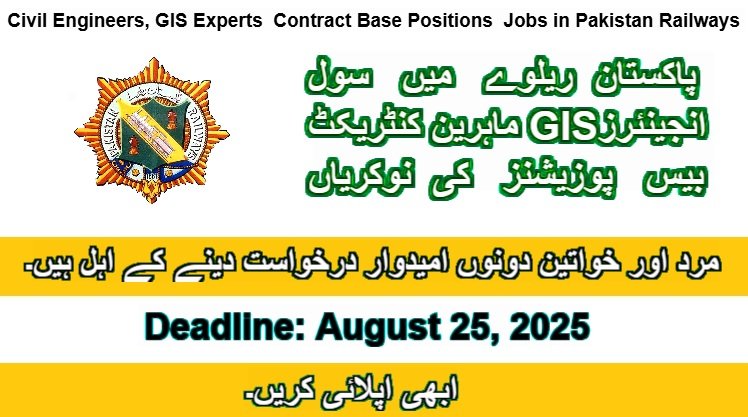 Pakistan Railways Jobs 2025 - Civil Engineers, GIS Experts | Contract Positions | Apply by Aug 25